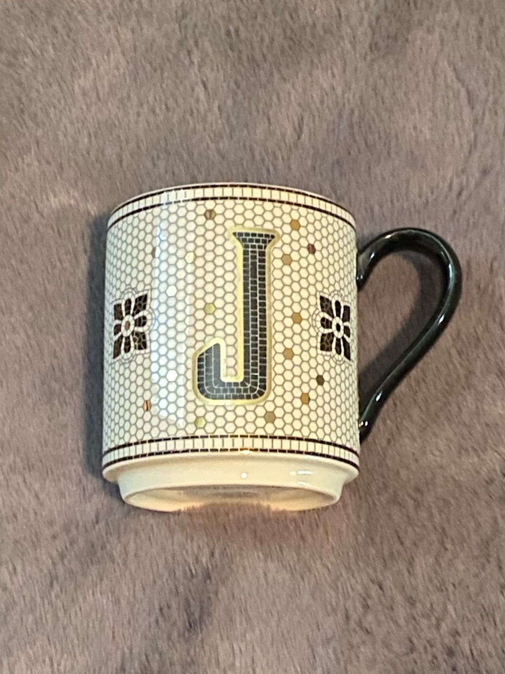 Anthropologie Monogram 'J' Cream and Black Mosaic Mug